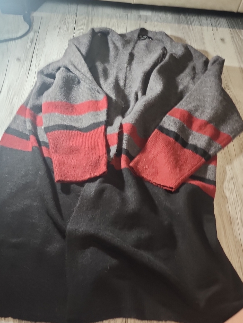 Women's Black & Gray Open-Front Cardigan with Red Stripe Accent